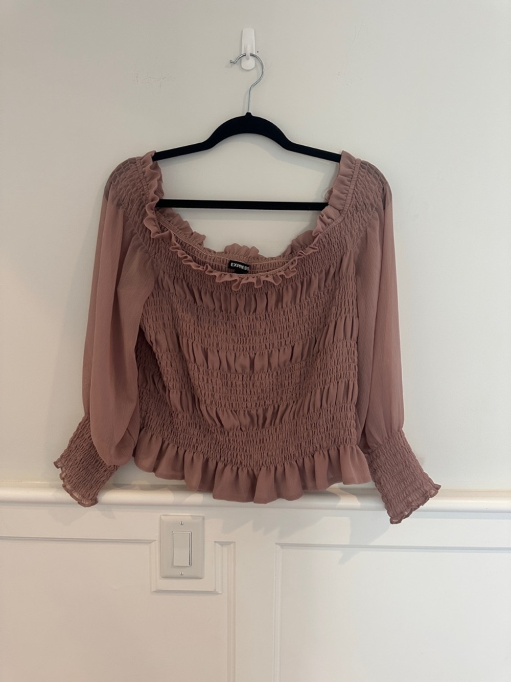 Express Mauve Smocked Ruffle Peasant Blouse
